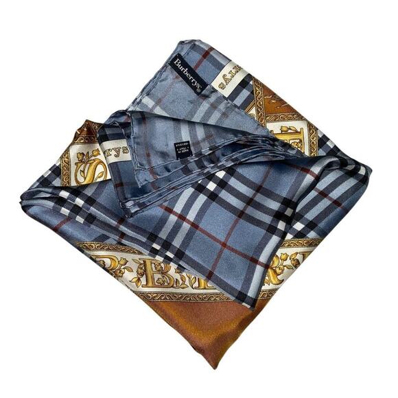 BURBERRYS PRORSUM Logo Blue x Brown Silk Scarf - Picture 4 of 16